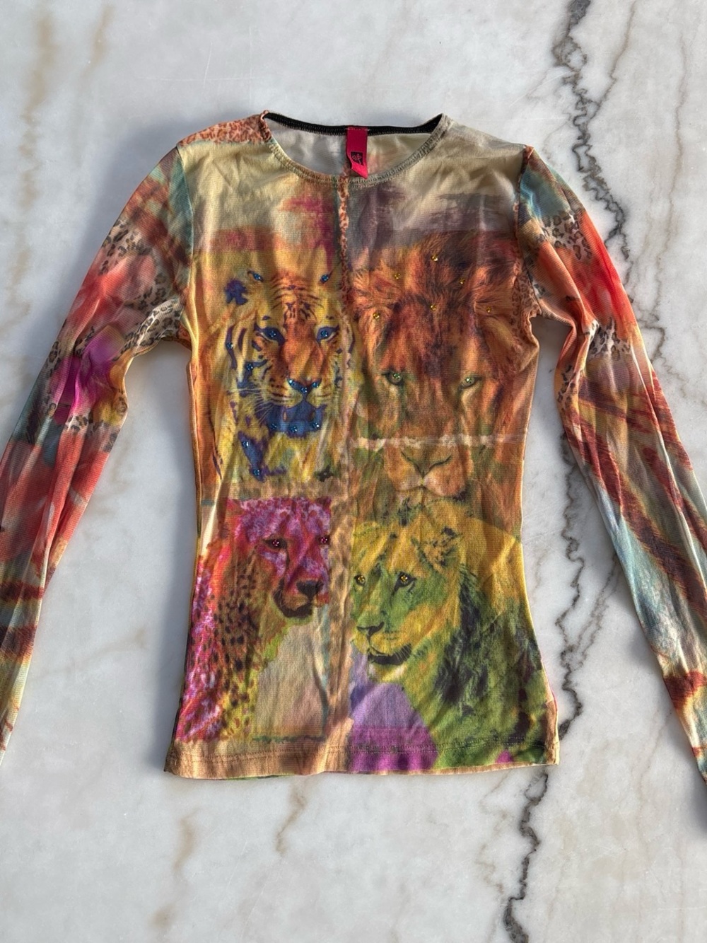 Y2K Vintage Sheer Mesh Big Cat Graphic Top Long Sleeve Size Medium
